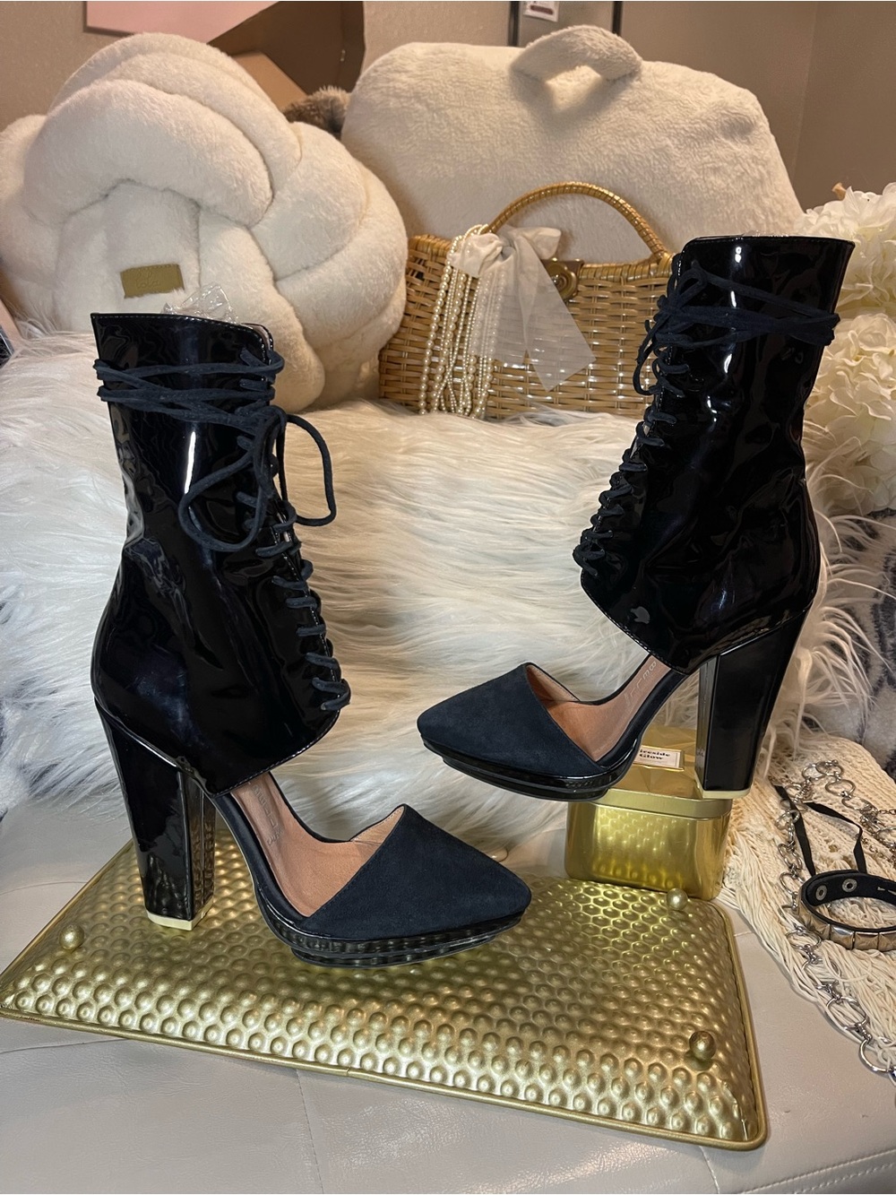 Jeffrey Campbell "Talulah" Cutout Lace-Up in Bootie in Black Patent Leather